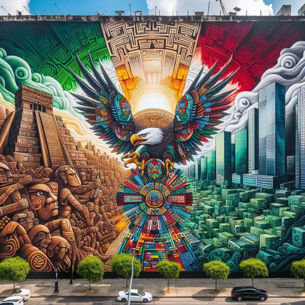 Mural colorido que mezcla patrones aztecas con paisajes urbanos modernos, simbolizando la rica historia y la identidad cultural de México