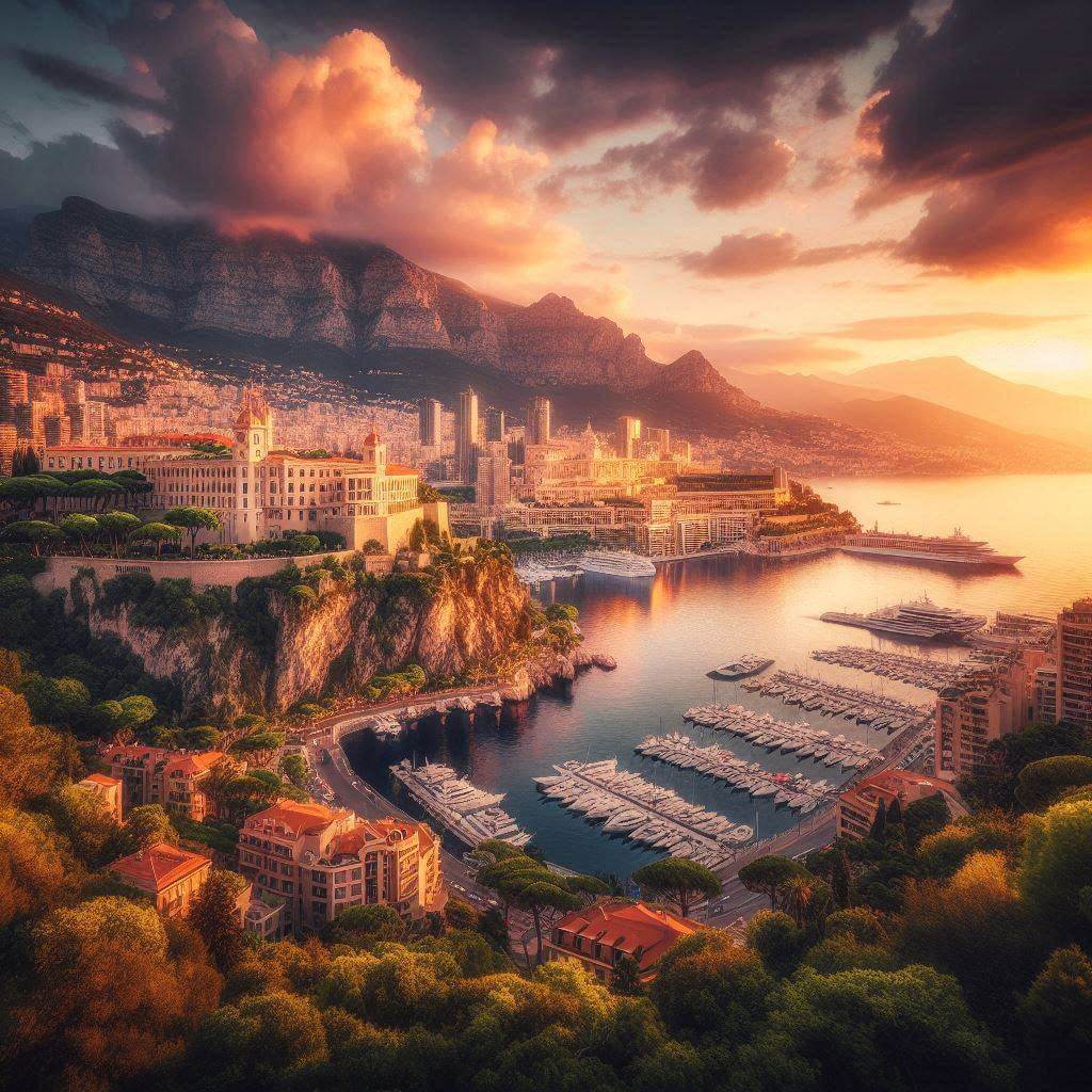 Breathtaking sunset view of Monaco City with the Prince's Palace