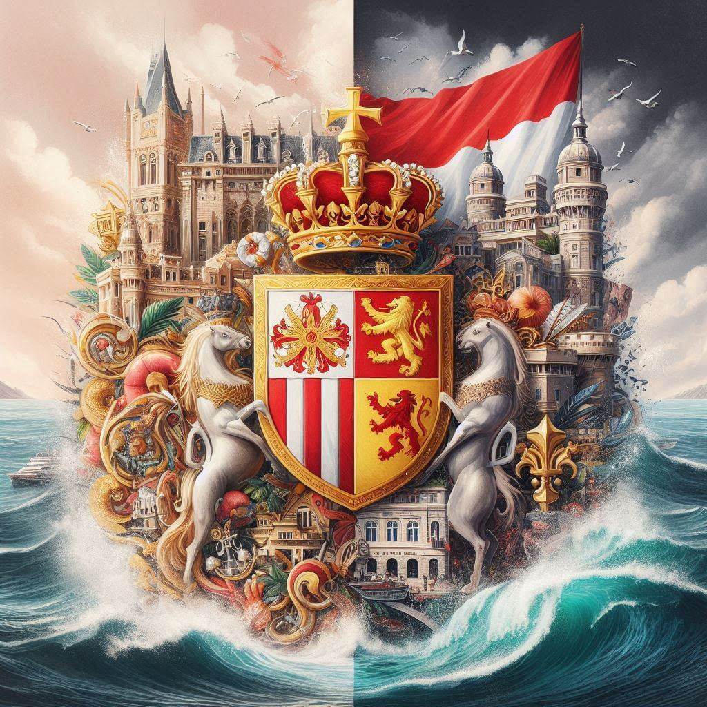 Artistic representation of the Grimaldi family's coat of arms merged with the Monégasque flag