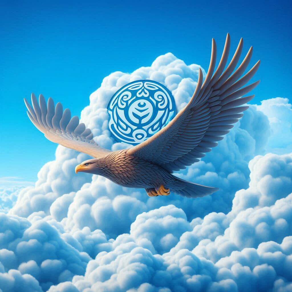 Majestic Mongolian eagle soaring high in the eternal blue sky