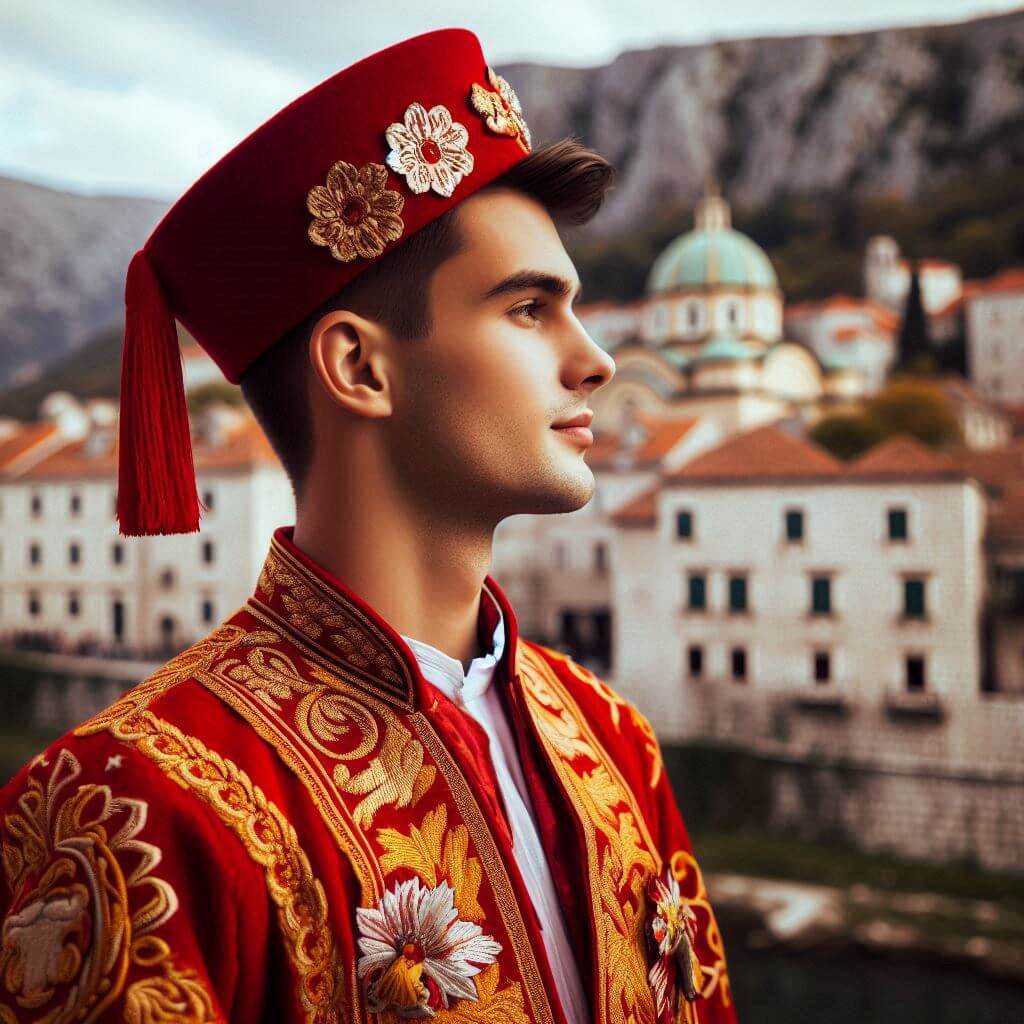 Vibrante traje tradicional montenegrino en medio del casco antiguo histórico de Podgorica, simbolizando el orgullo nacional y la herencia cultural