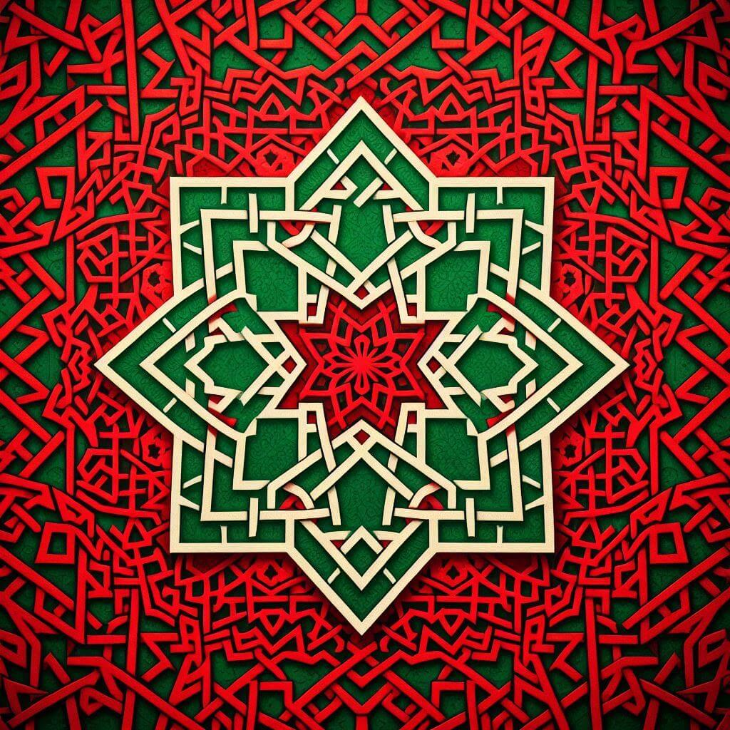 Intricate pattern of interlocking green pentagrams on a vibrant red background