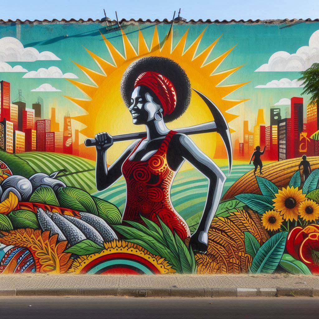 Vibrante mural afro-socialista en una calle de Maputo, simbolizando el rico patrimonio cultural de Mozambique y sus aspiraciones hacia un futuro brillante