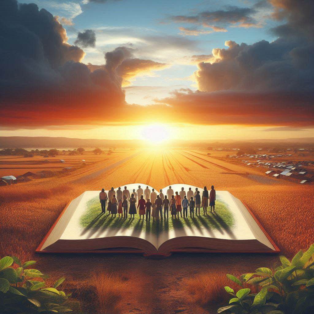 Sereno atardecer sobre las fértiles llanuras de Mozambique, simbolizando el compromiso del país con la educación, la solidaridad y la unidad nacional