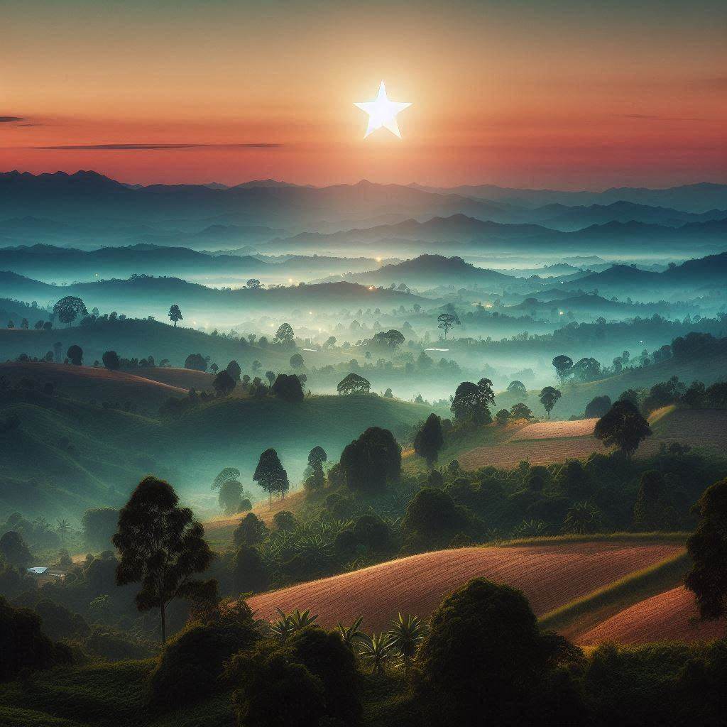 Vista escénica del campo de Myanmar al atardecer, evocando un sentido de unidad nacional y esperanza