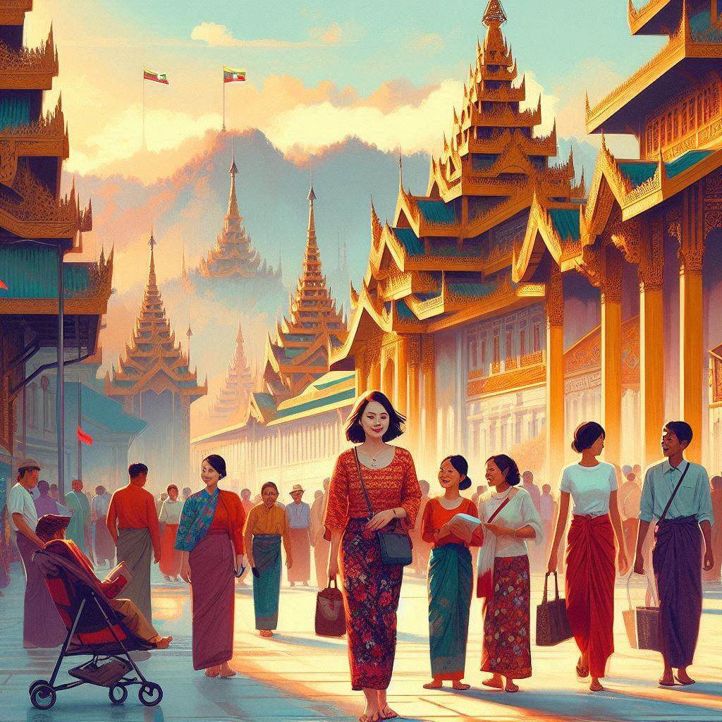 Escena vibrante de la calle en Naypyidaw, mostrando la diversidad cultural y el orgullo nacional de Myanmar