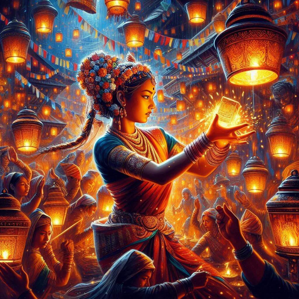 Vibrant street scene in Kathmandu with colorful buildings, lively dancers, and fluttering Nepalese flags