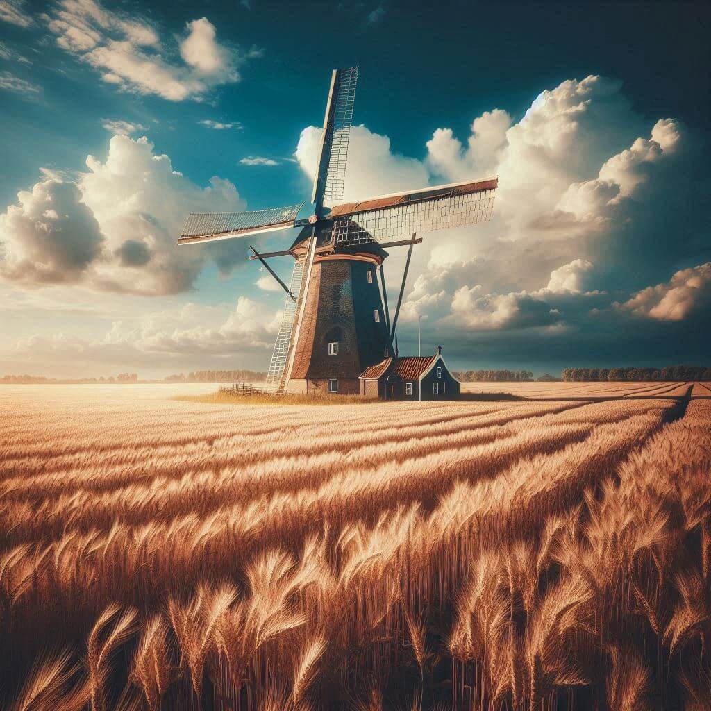 Windmill on the open plain, symbolizing Dutch national identity