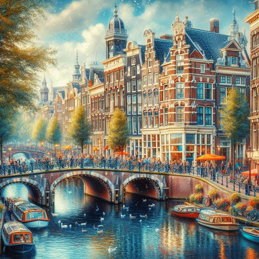 Vibrant canal scene in Amsterdam, capturing the essence of the city's cultural heritage