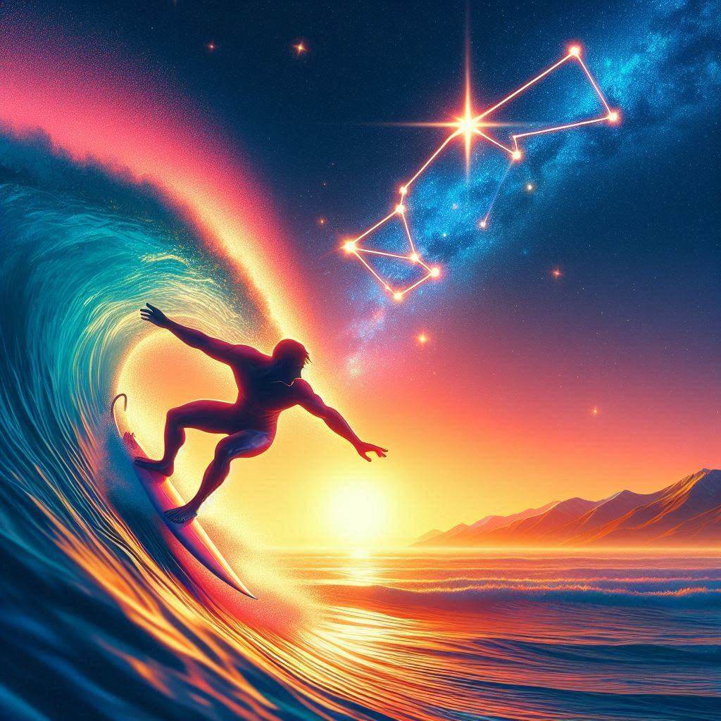 Surfer riding a wave at sunset with the Southern Cross constellation in the sky, symbolizing New Zealand's connection to the Pacific Ocean