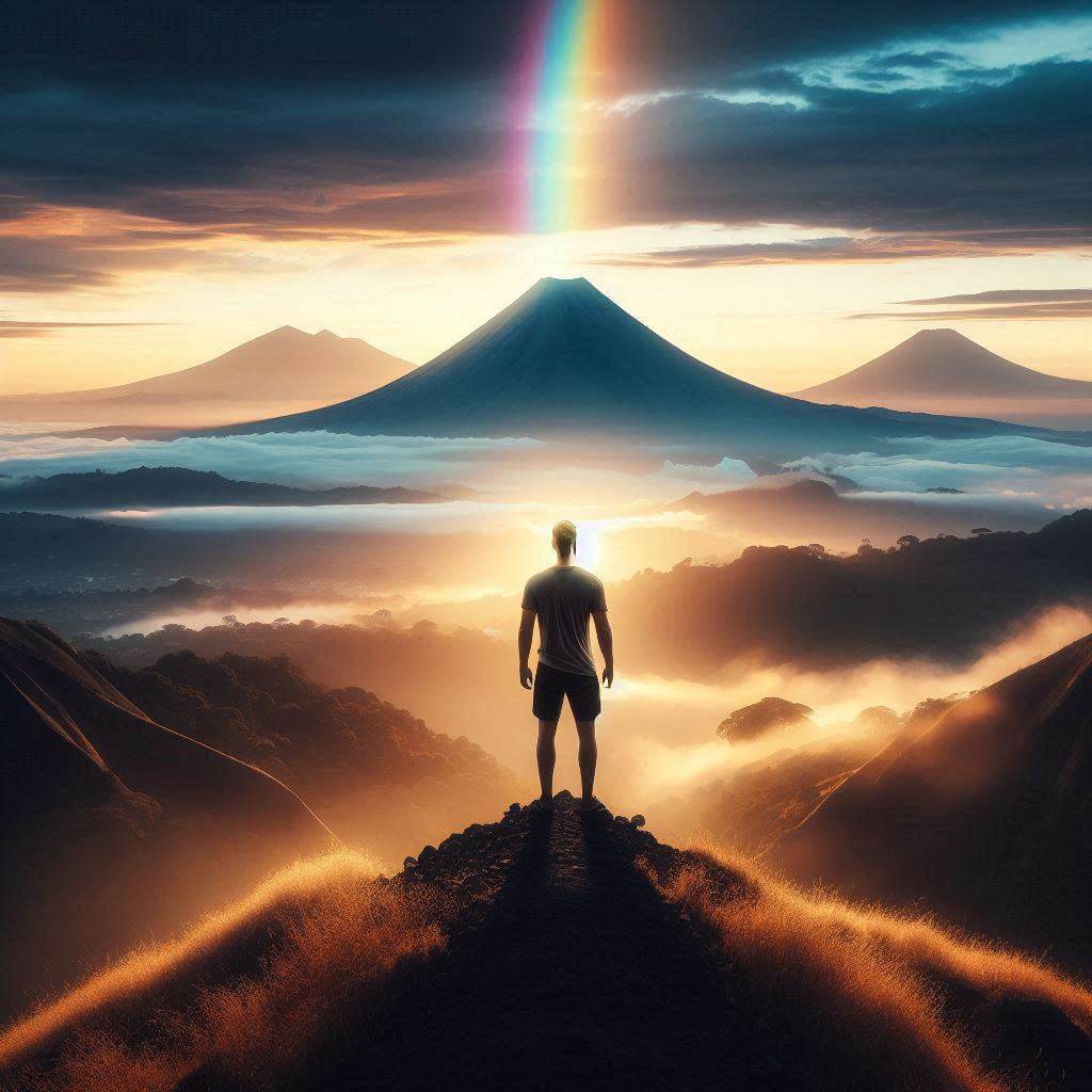 Sereno paisaje volcánico al amanecer, simbolizando paz y unidad.