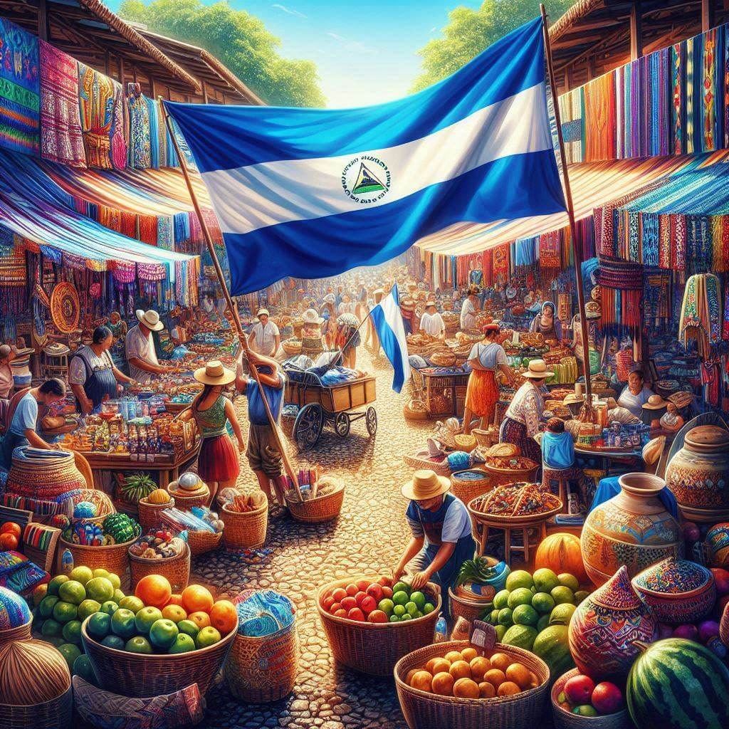 Colorida escena de mercado en Managua, mostrando la cultura nicaragüense y el orgullo nacional.