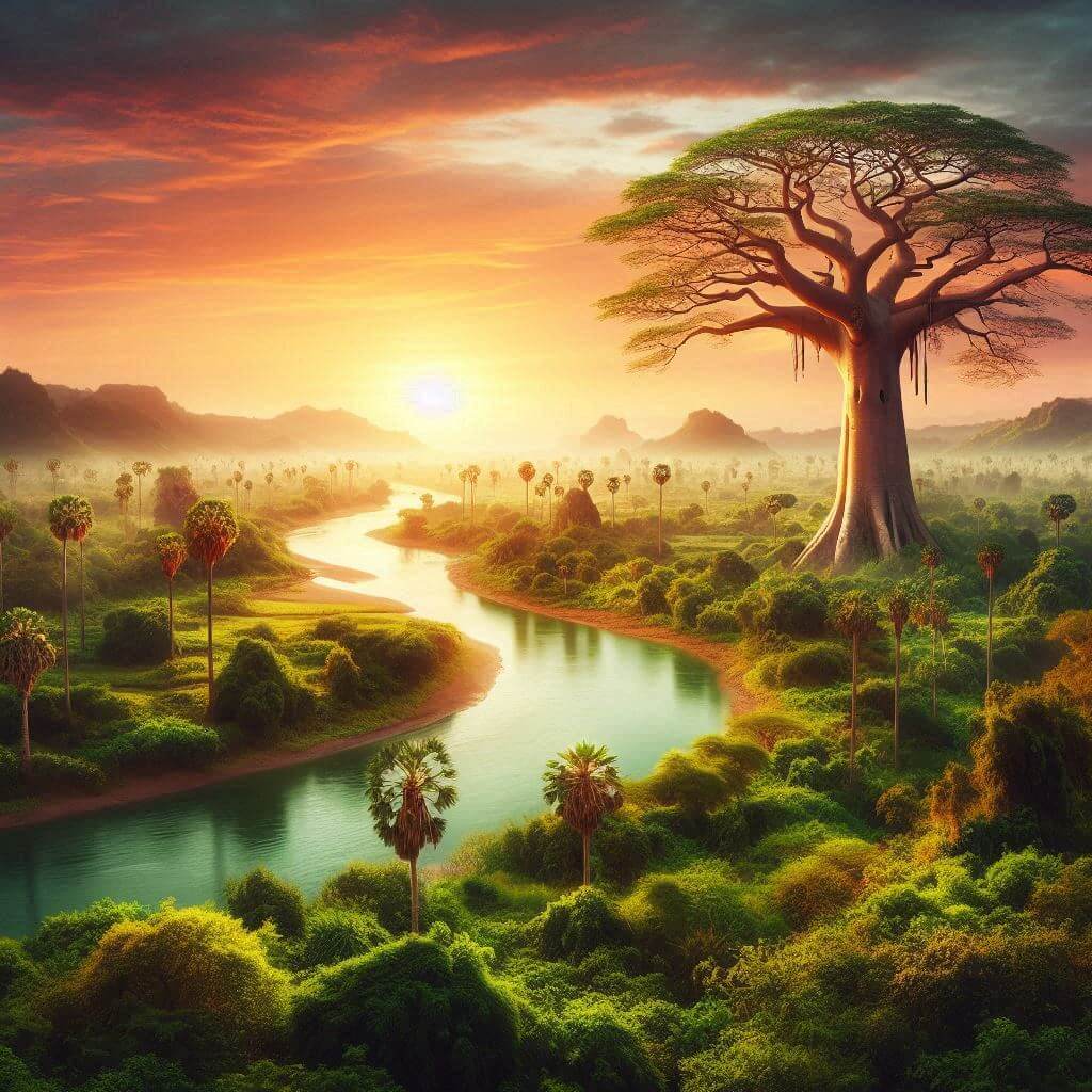 Vibrant market scene in Niamey with colorful produce, lively merchants, and fluttering Nigerien flags