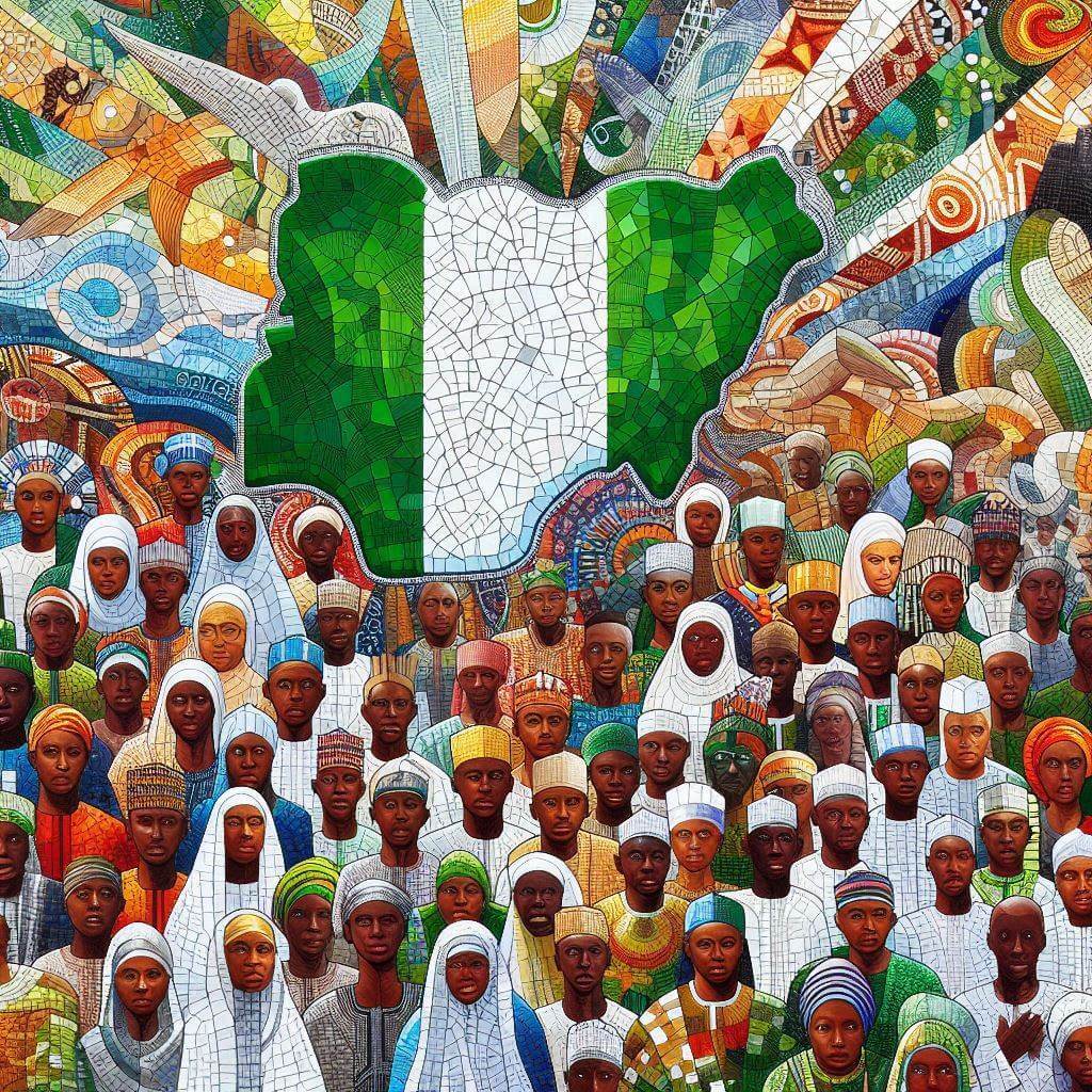 A vibrant street scene in Lagos, with Nigerians from diverse backgrounds celebrating their national identity and waving the Nigerian flag with pride.