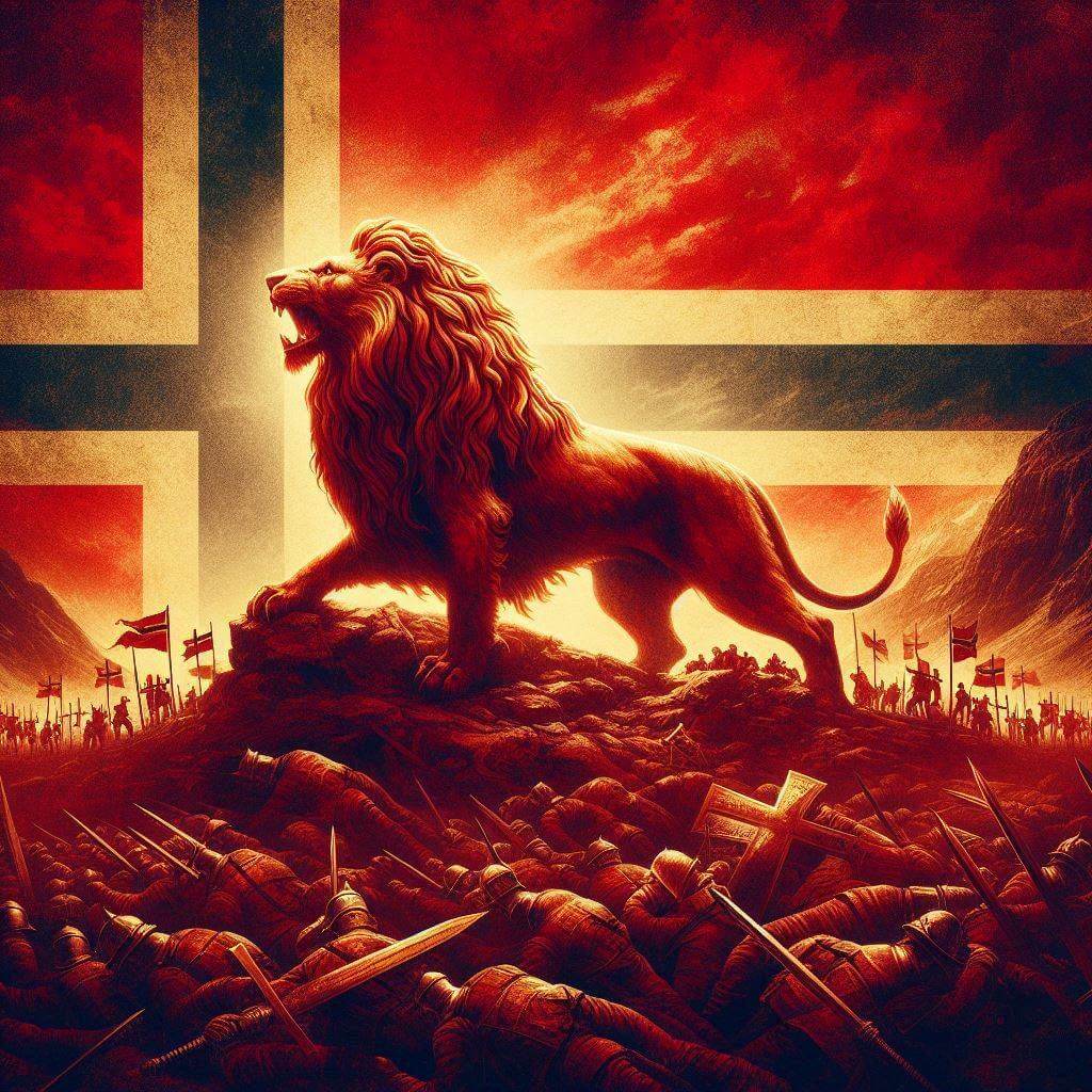 Historical scene of Norway's struggle for independence with golden lion and Nordic cross patterns