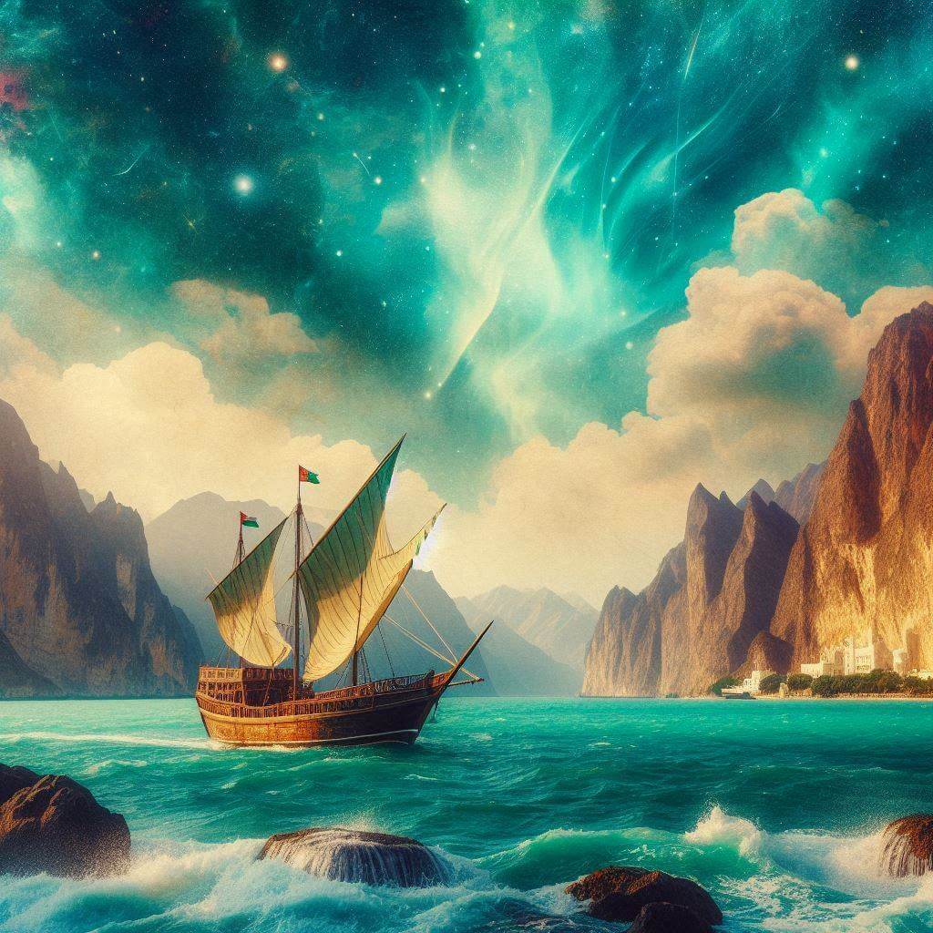 Representación vibrante y artística de un dhow tradicional omaní, destacando el rico patrimonio marítimo y la impresionante belleza natural del país.
