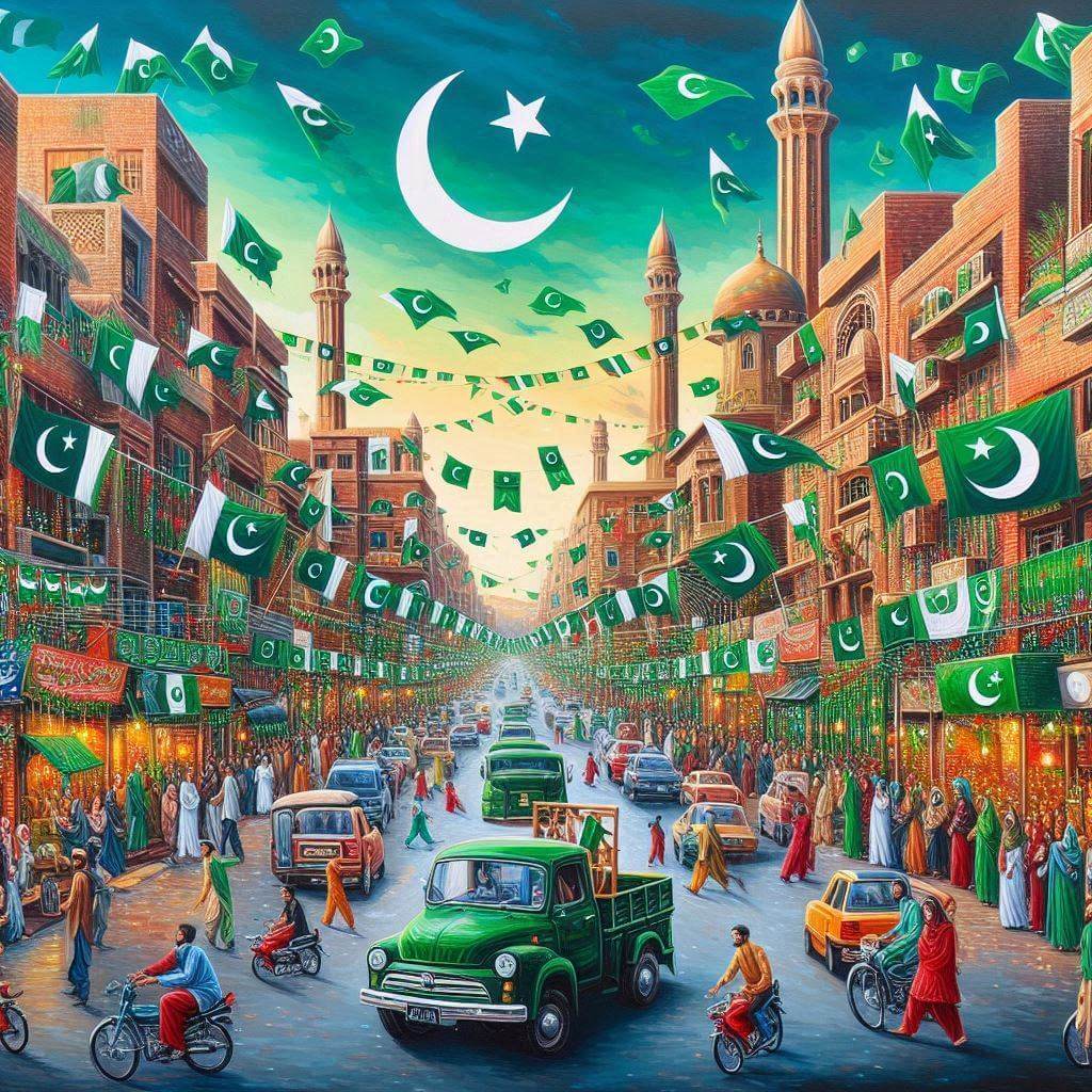 Representación vibrante de una calle pakistaní, con banderas y decoraciones adornando edificios, vehículos y calles, capturando la esencia de las celebraciones nacionales y el espíritu patriótico.