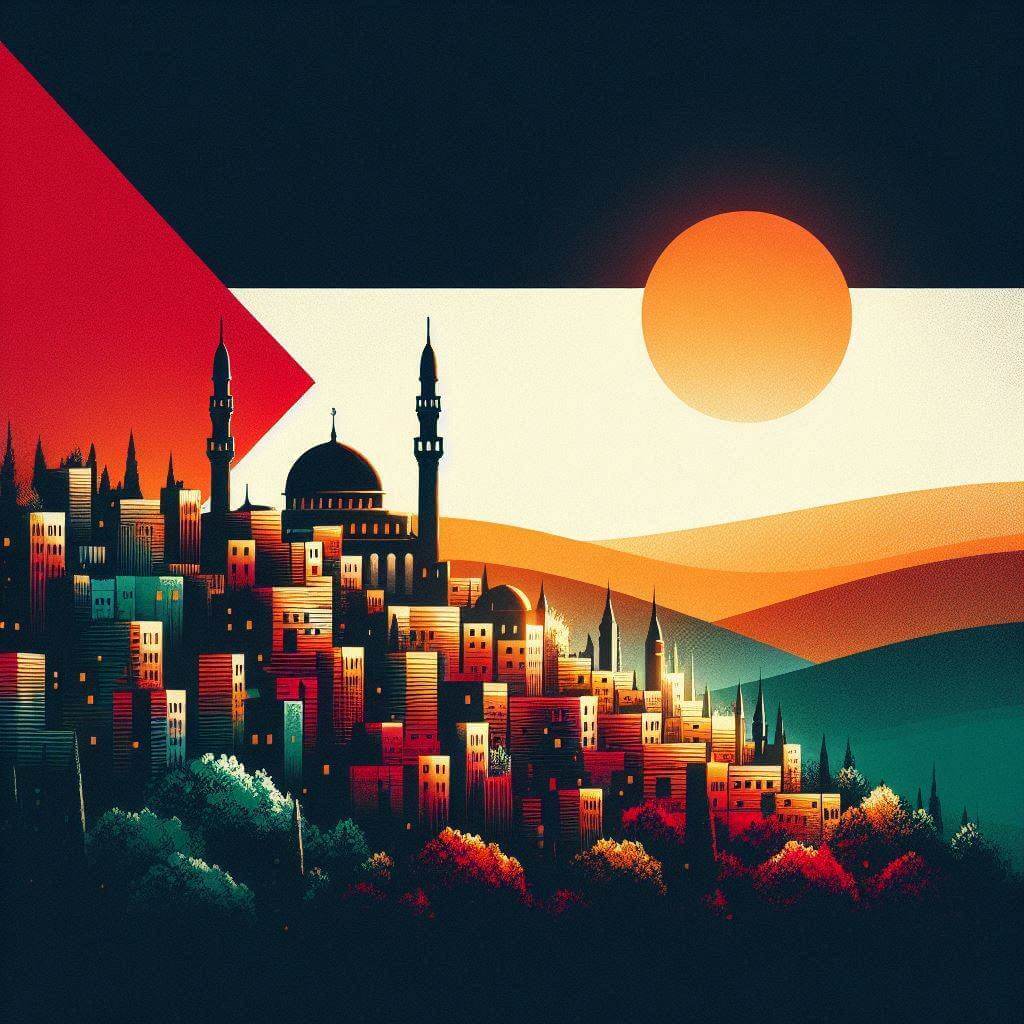 Vibrant cityscape of Palestine with subtle flag colors