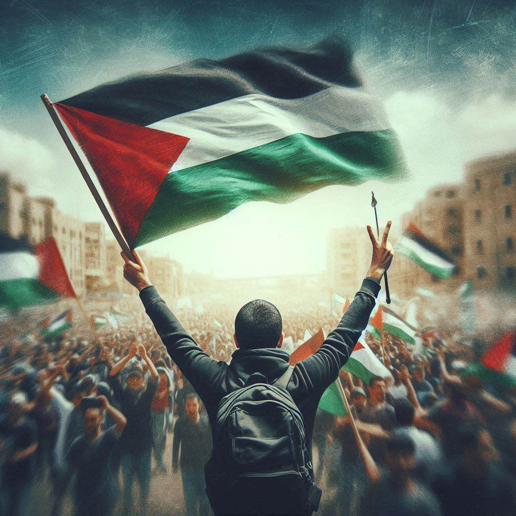 Activista palestino levantando la bandera en medio de protestas
