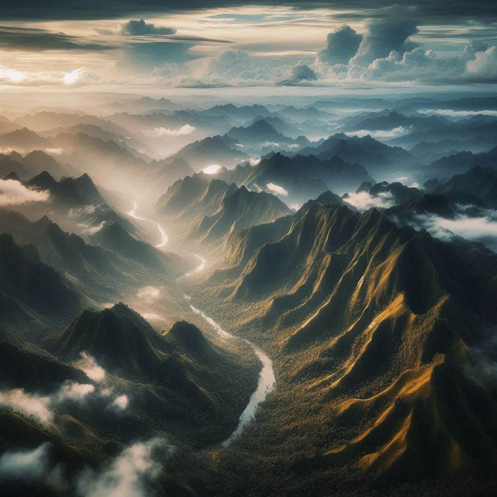 Breathtaking aerial image of Papua New Guinea's diverse landscape, showcasing its picturesque mountains and rainforests