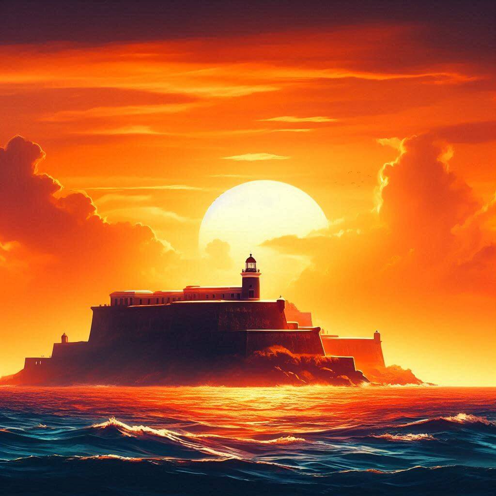 Atardecer vibrante sobre el mar Caribe con el fuerte El Morro en primer plano, simbolizando la rica historia y patrimonio cultural de Puerto Rico