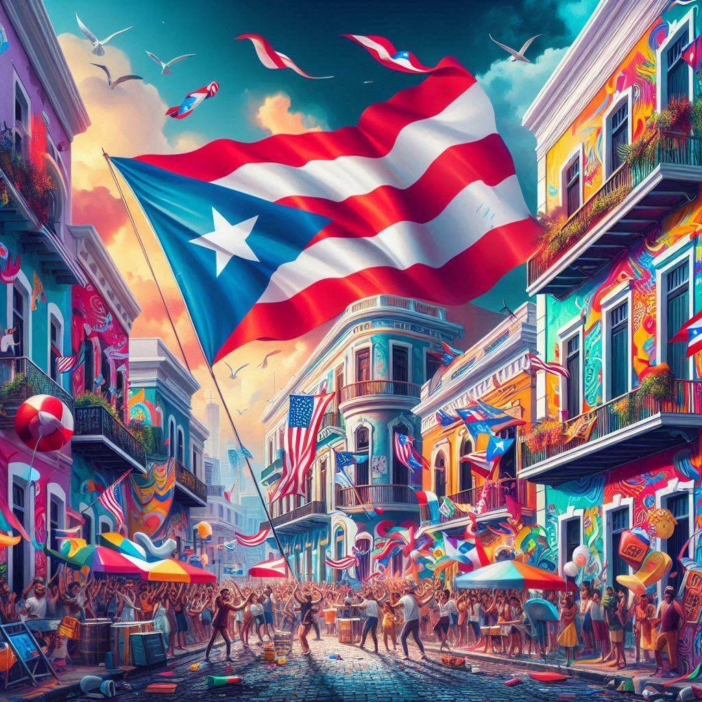 Escena colorida de la calle en el Viejo San Juan con la bandera de Puerto Rico orgullosamente exhibida, rodeada de arte callejero vibrante, música y baile, capturando la esencia de la identidad puertorriqueña y el orgullo cultural