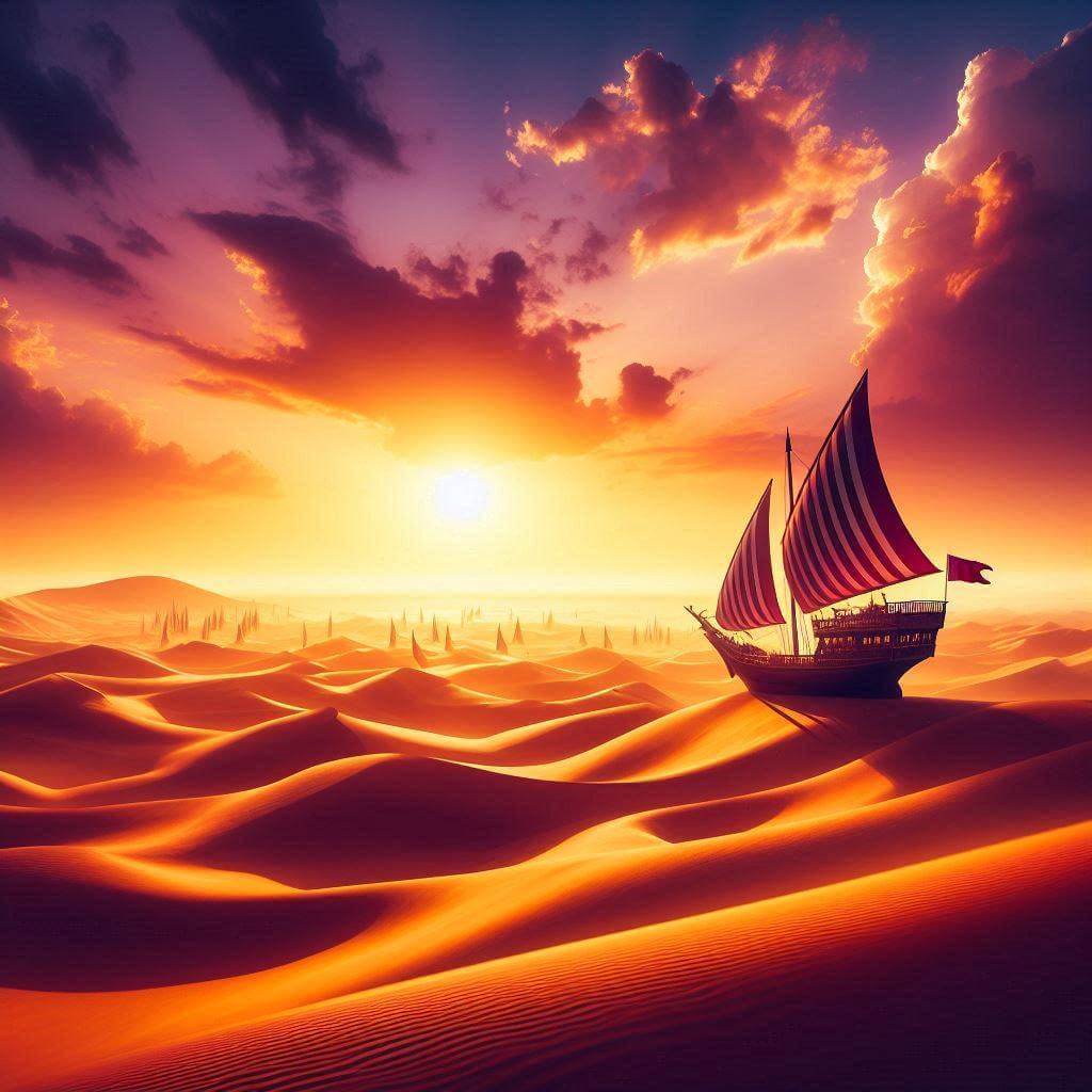 Vibrant desert landscape at sunset with a traditional Qatari dhow sailing vessel