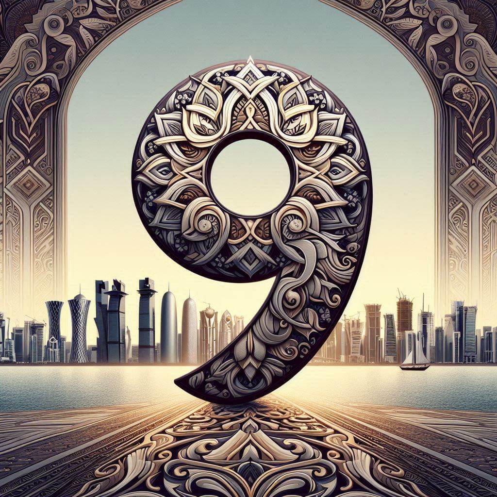 Intricate Arabic pattern featuring the number 9, set against a backdrop of Doha's majestic skyline