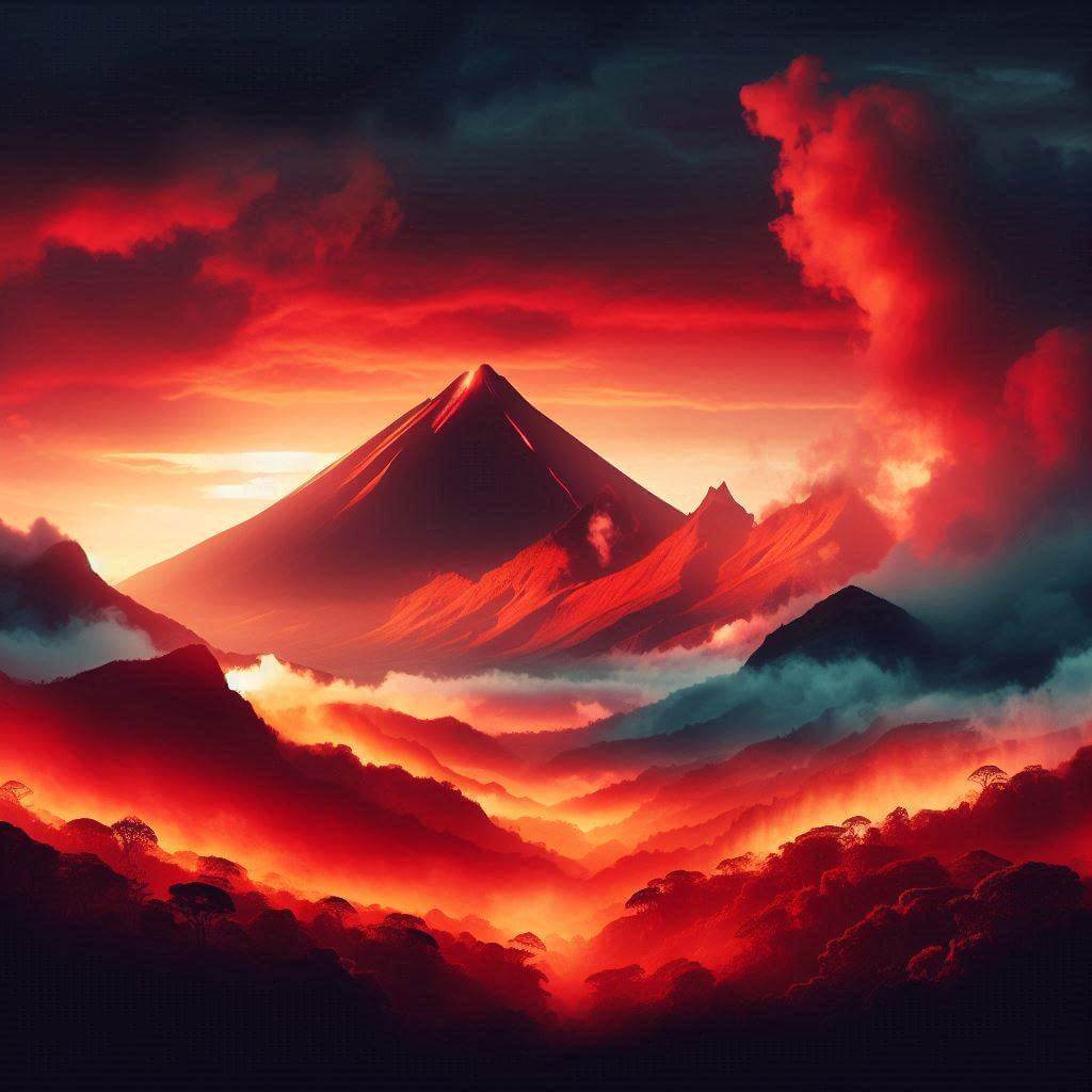Escena dramática al atardecer del volcán activo de Reunión, Piton de la Fournaise, simbolizando el poder natural y la belleza de la isla