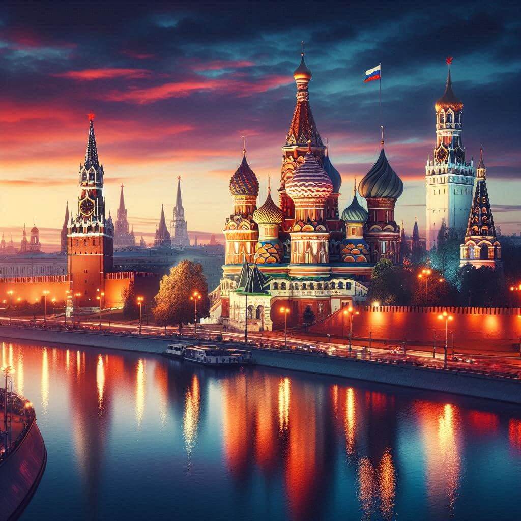 Vista de la ciudad de Moscú al amanecer con las torres del Kremlin y la Catedral de San Basilio reflejando los colores de la bandera rusa