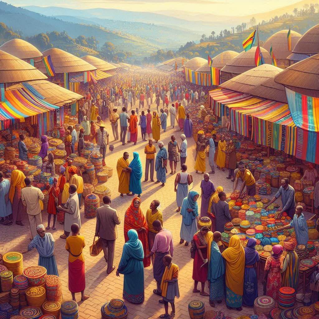 Mercado vibrante en Kigali, representando la unidad nacional y el crecimiento económico