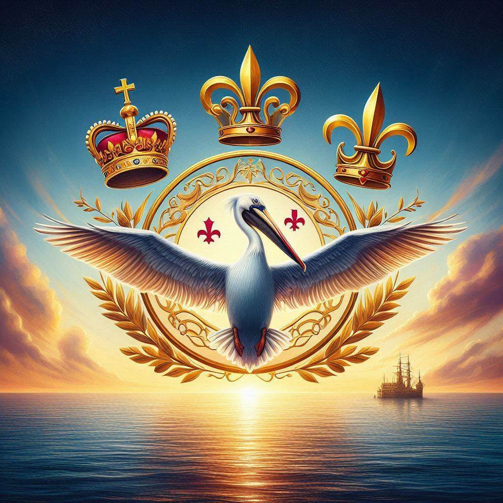 Vibrant depiction of a pelican in flight, surrounded by symbols of Saint Barthélemy's history and culture, set against a breathtaking Caribbean sunset