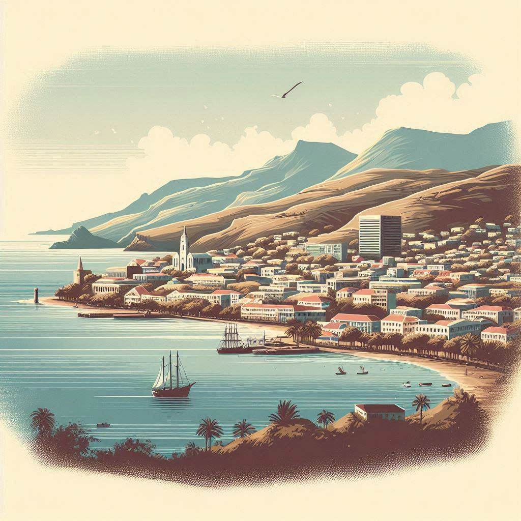 Jamestown, Saint Helena's capital, with a scenic view of the island's coastline