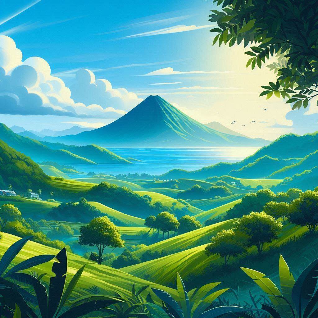 Paisaje sereno de las islas San Cristóbal y Nieves con el Monte Liamuiga a lo lejos