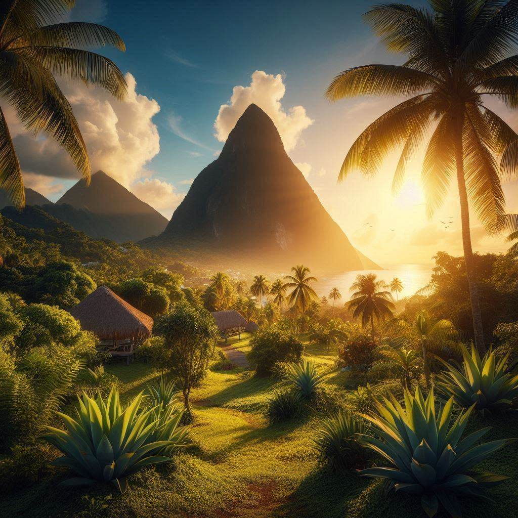 Saint Lucia's majestic Pitons at sunrise, surrounded by lush greenery and a tranquil atmosphere.