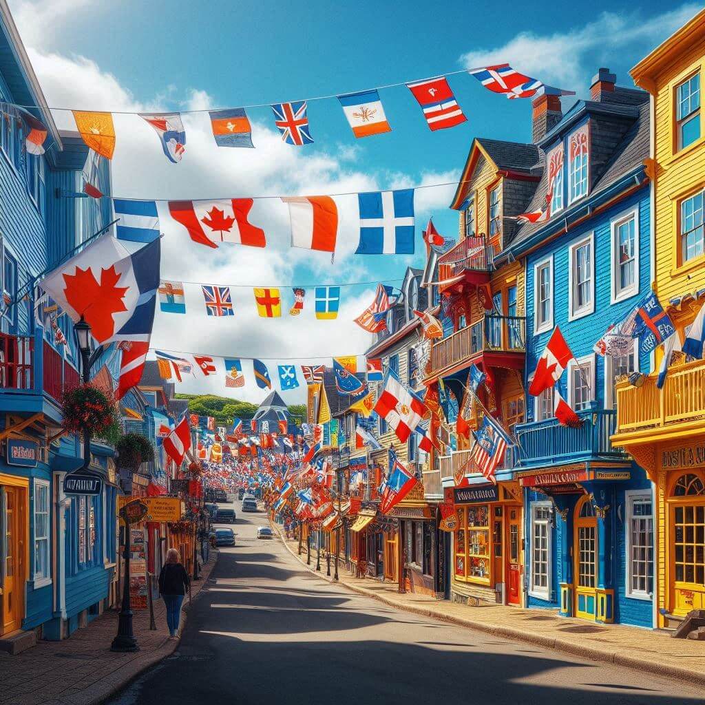 A lively streetscape of Saint-Pierre, with flags and banners celebrating the unique cultural heritage of Saint Pierre and Miquelon, blending French and North American influences.