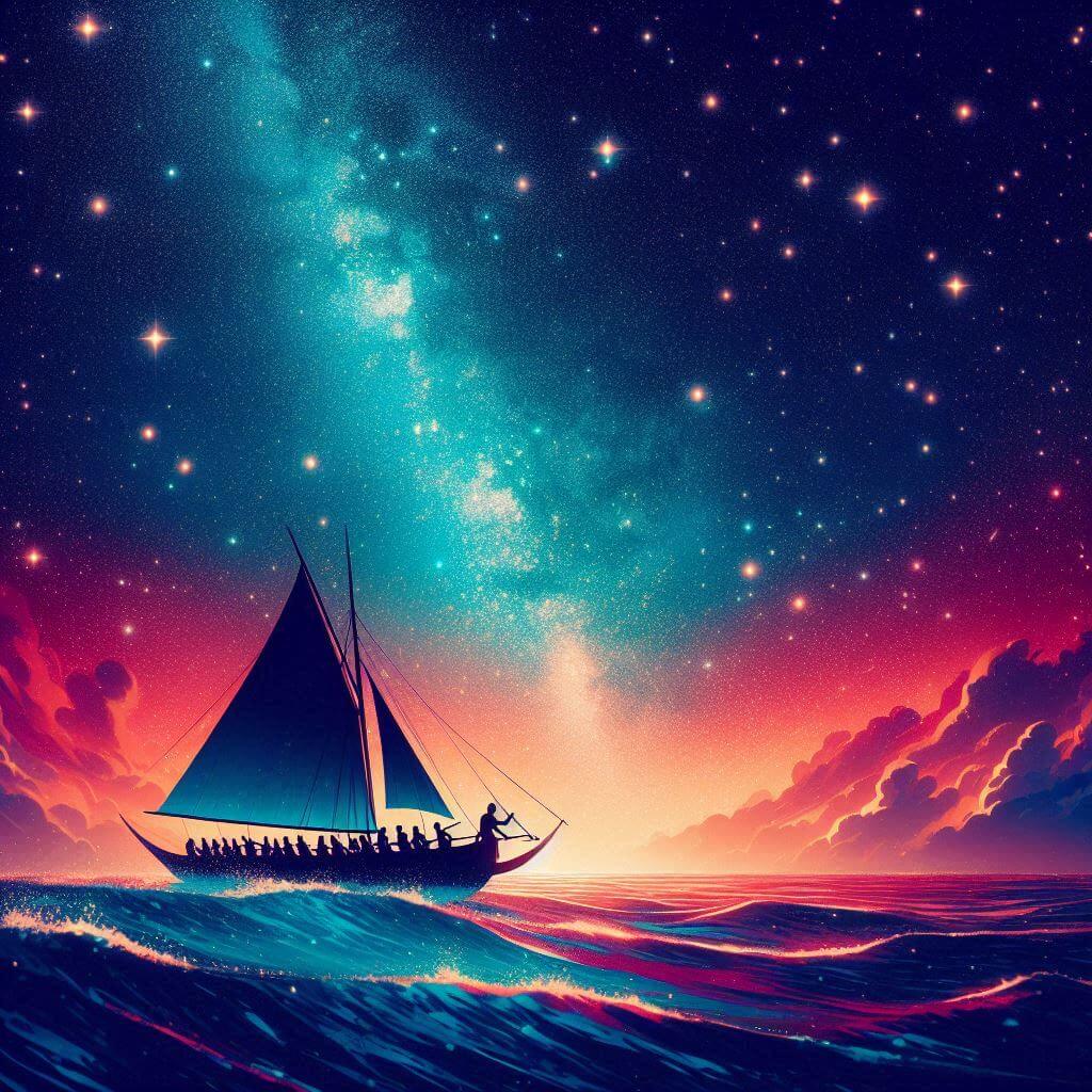 A starry night sky with a traditional Samoan canoe navigating through the Pacific, symbolizing maritime heritage and celestial guidance.