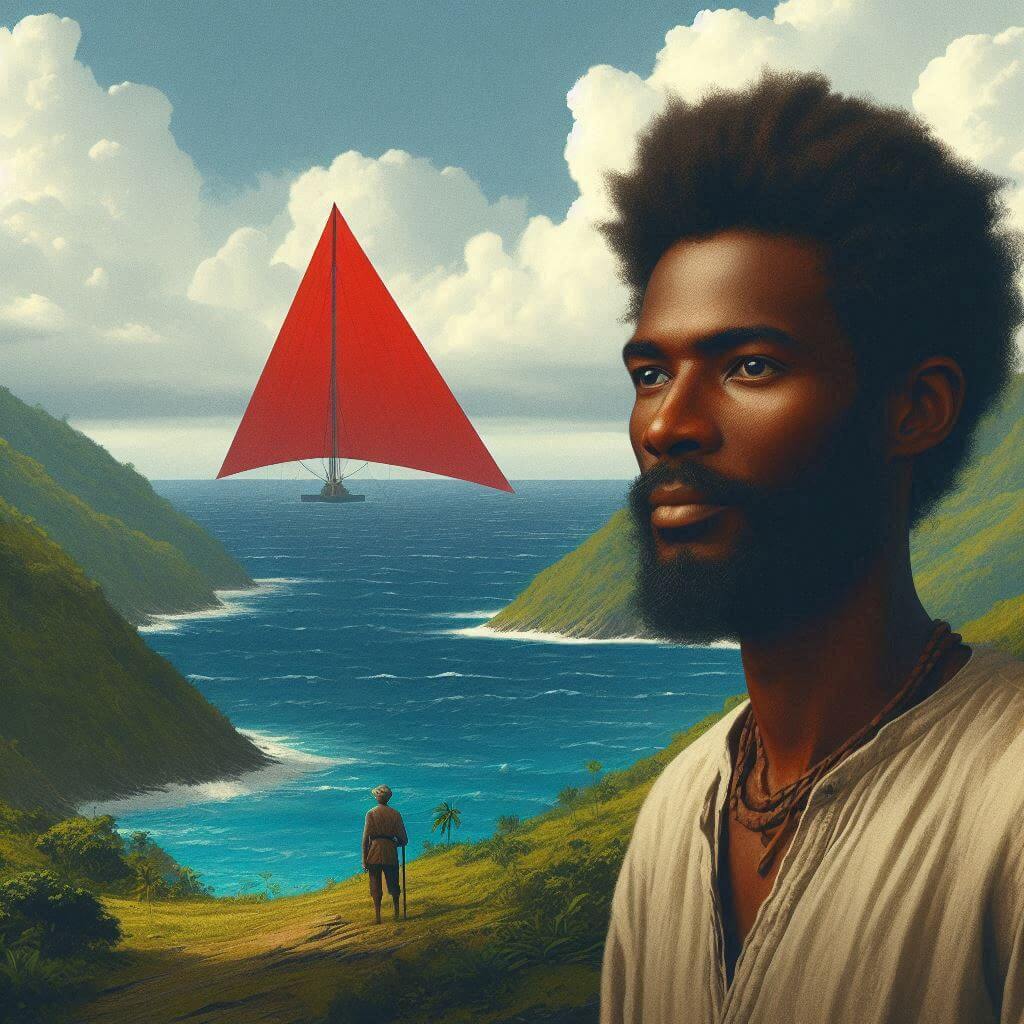 Retrato escénico de un nativo de Santo Tomé y Príncipe mirando al océano, simbolizando la lucha por la independencia