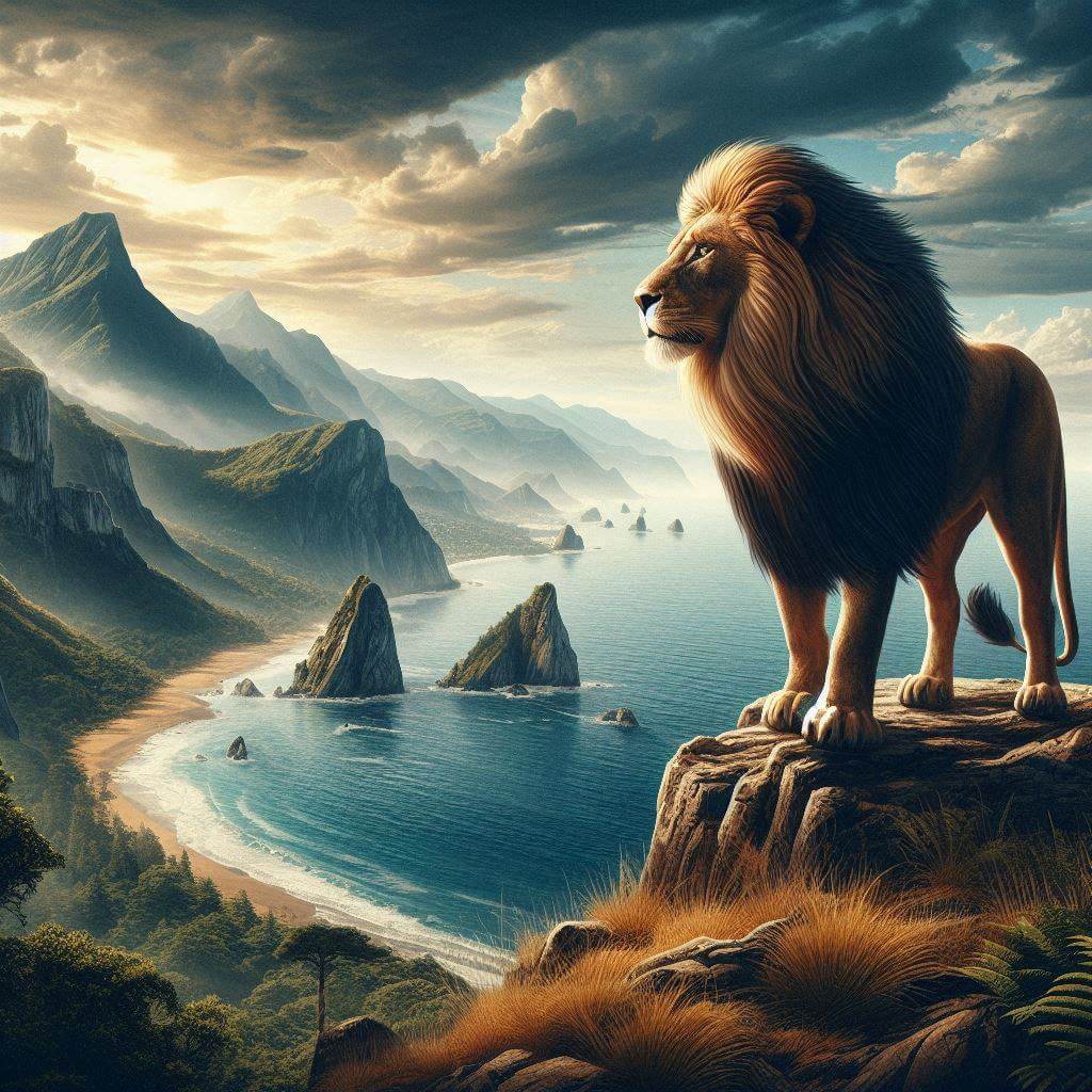 Un majestuoso león de pie en una costa montañosa, simbolizando la belleza natural y la rica historia de Sierra Leona