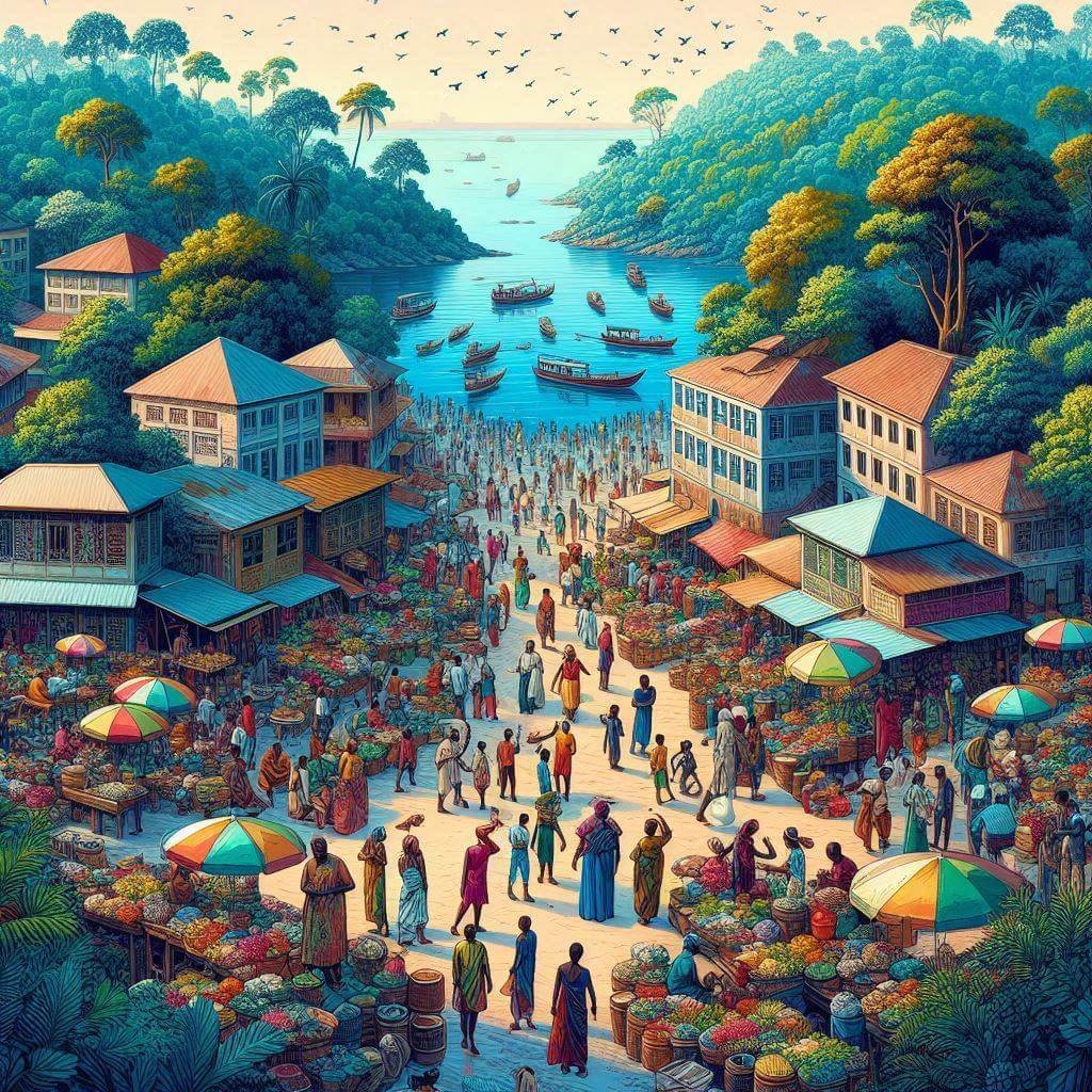 Una vibrante escena de mercado en Freetown, simbolizando la unidad, la armonía y los recursos naturales de Sierra Leona