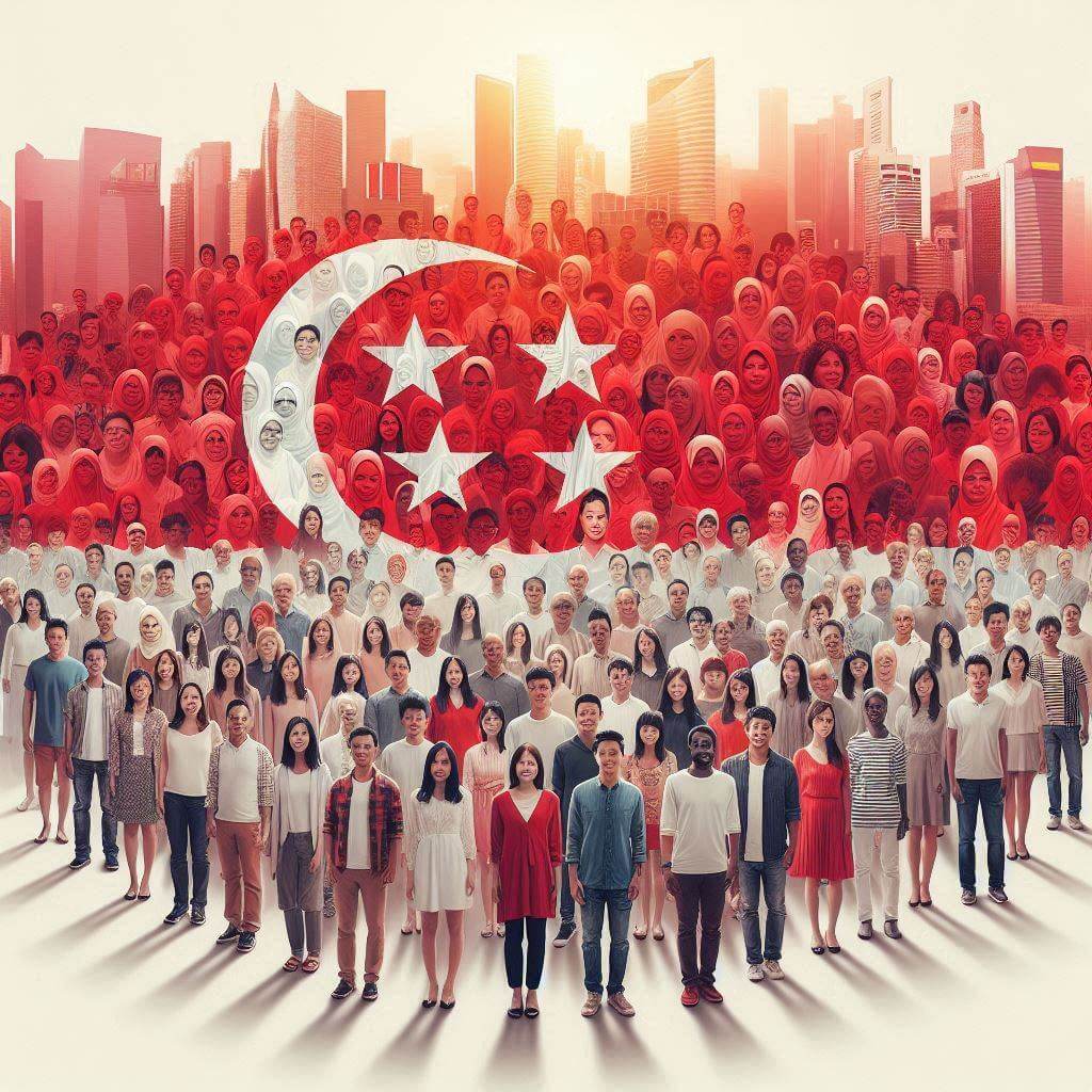 Multicultural Singaporeans united under red and white, representing national harmony and unity