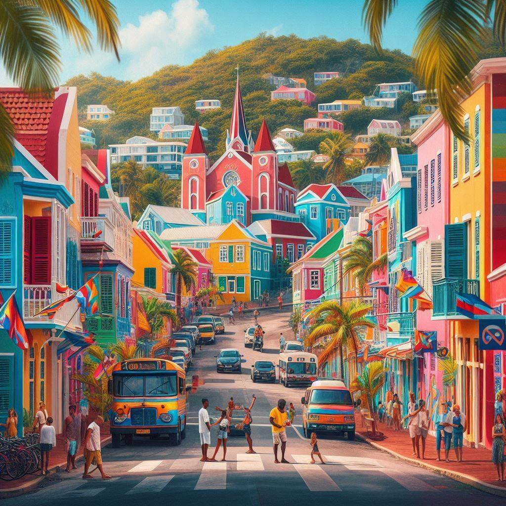 Escena callejera colorida en Philipsburg con la bandera nacional y residentes locales