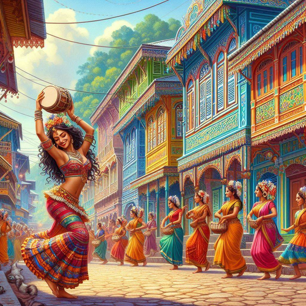 Escena vibrante en las calles de Honiara con edificios coloridos, bailarines animados y banderas ondeando de las Islas Salomón