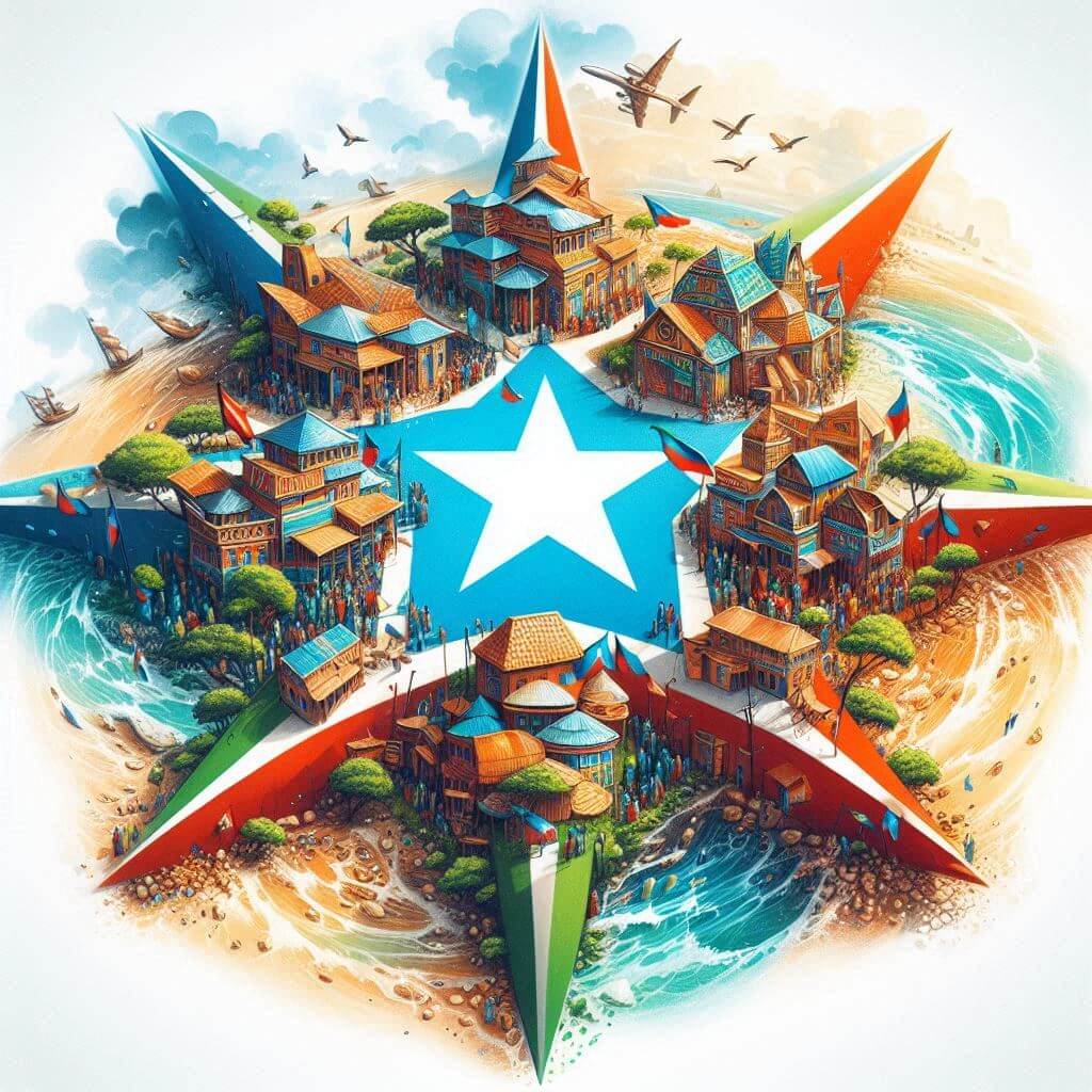 Ilustración colorida de una aldea somalí que muestra unidad y valores fundamentales