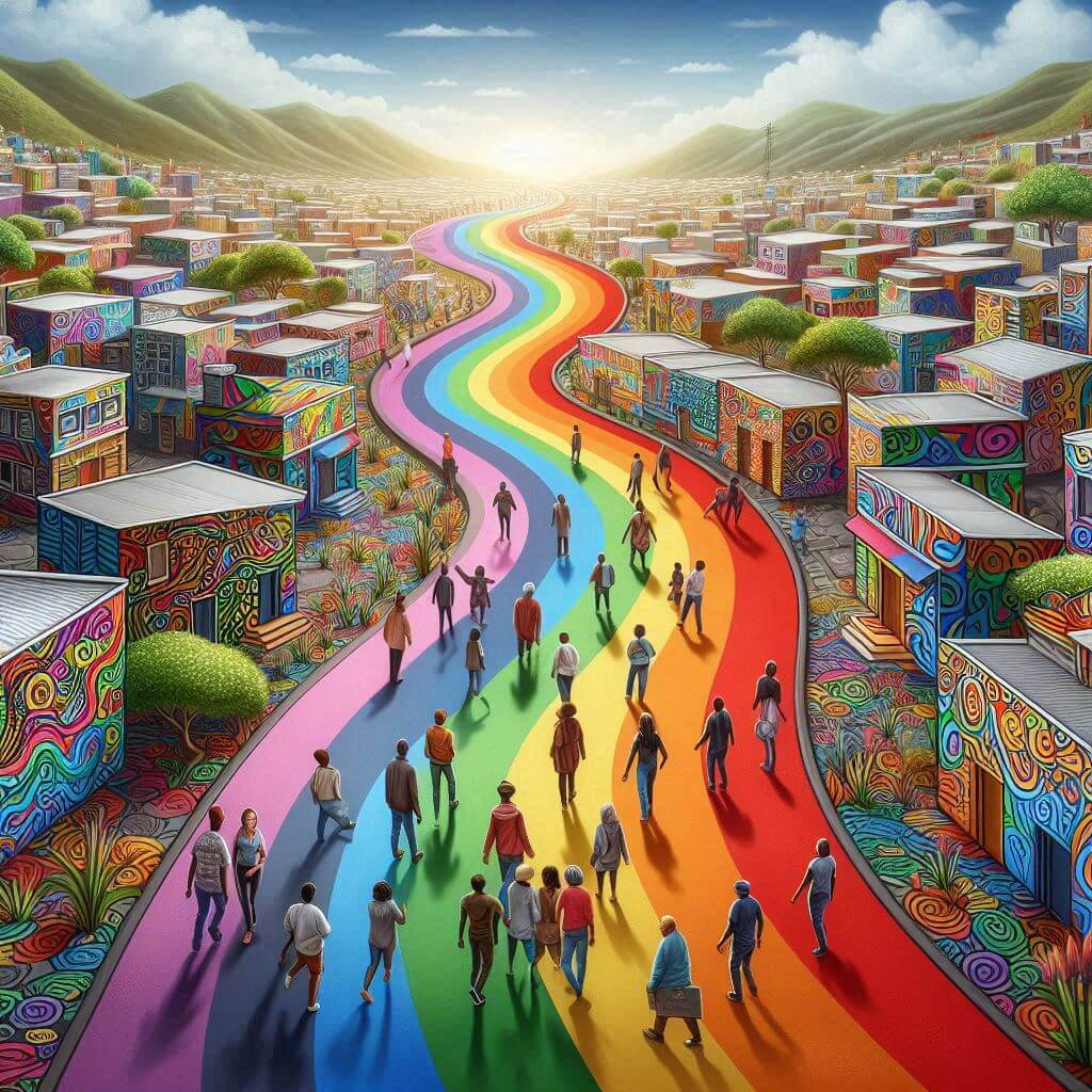 Rainbow-colored road winding through a South African township, symbolizing hope and reconciliation