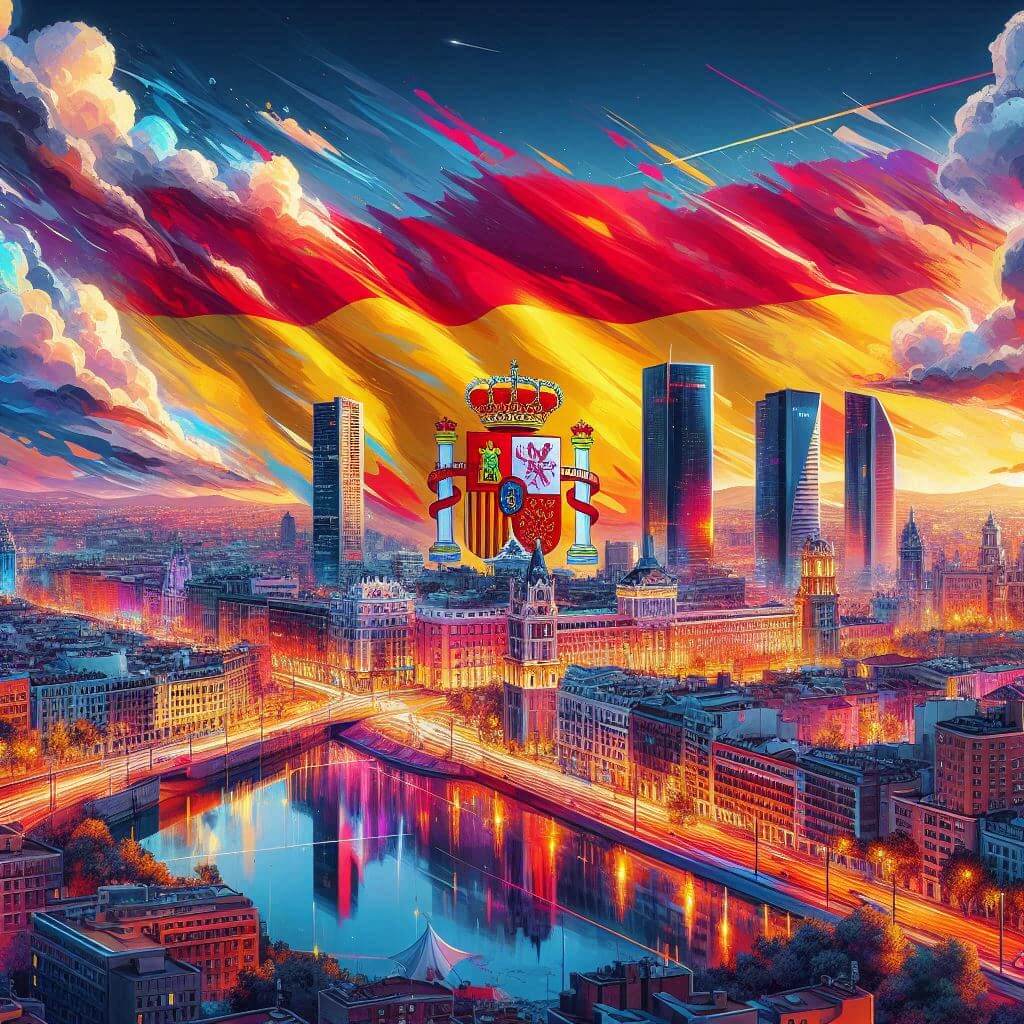 Vibrant cityscape of Madrid at sunset with subtle Spanish flag elements