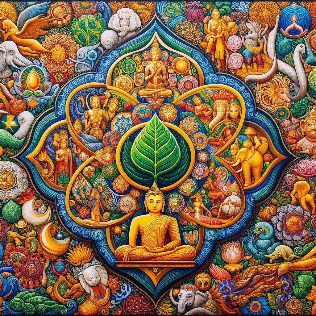 Vibrante mosaico de símbolos culturales, representando la unidad y diversidad de Sri Lanka