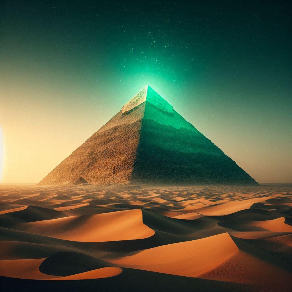 A pyramid in the Sudanese desert with a subtle green glow, representing the country's rich history and its connection to the Arab world.