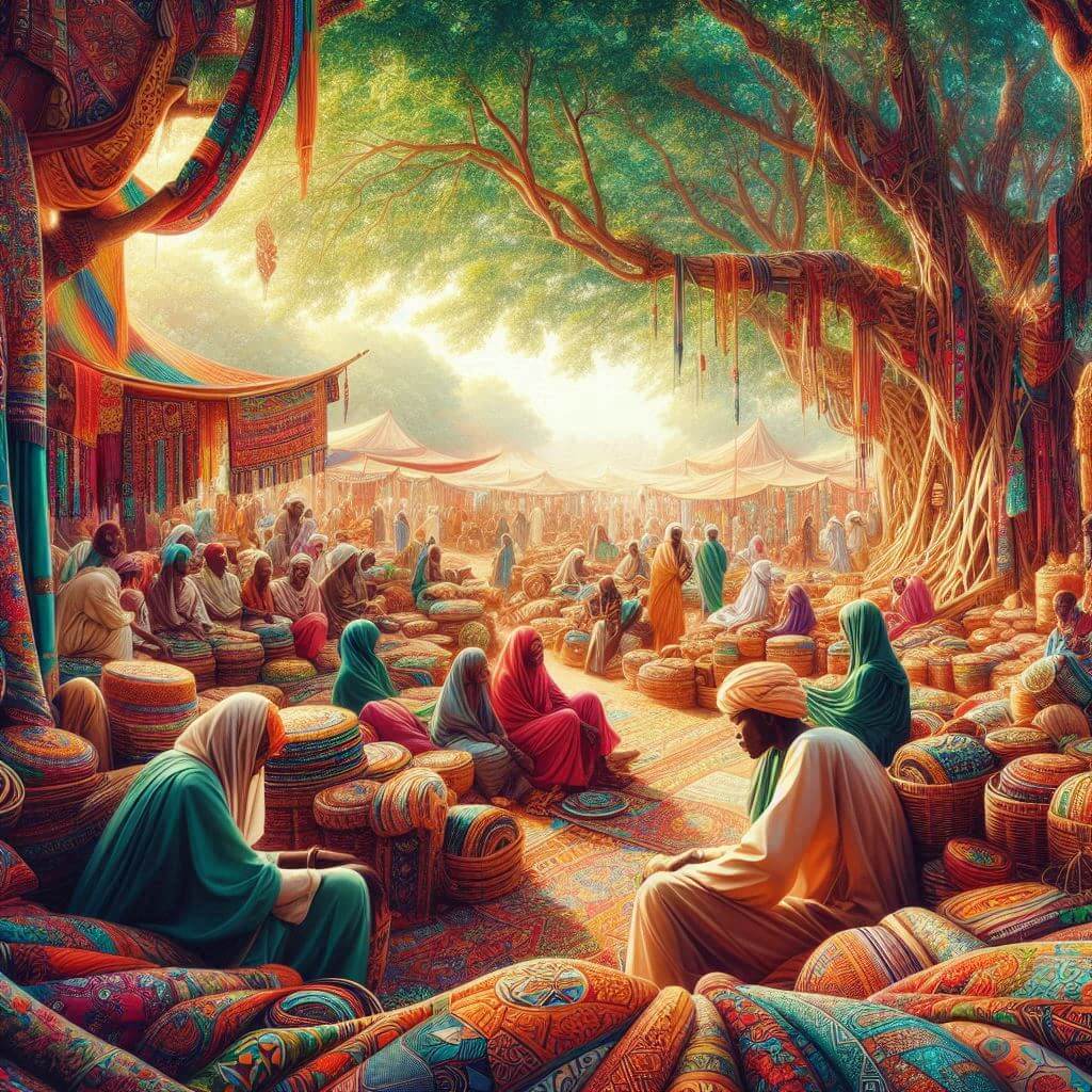 A vibrant market scene in Khartoum, showcasing Sudan's African heritage and its aspirations for peace and prosperity.