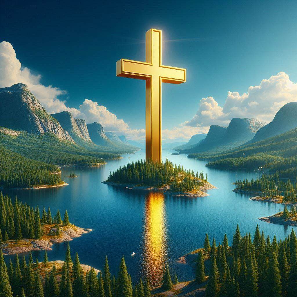 Golden-yellow cross rising from the serene blue waters of a Swedish lake